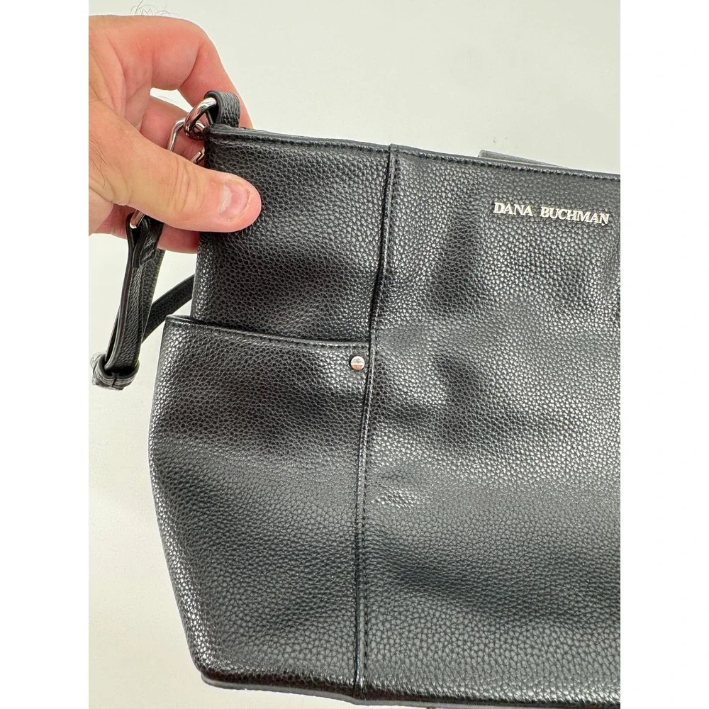 Dana Buchman Handbag Women Medium Black Pebbled Crossbody Tote Silver Chain